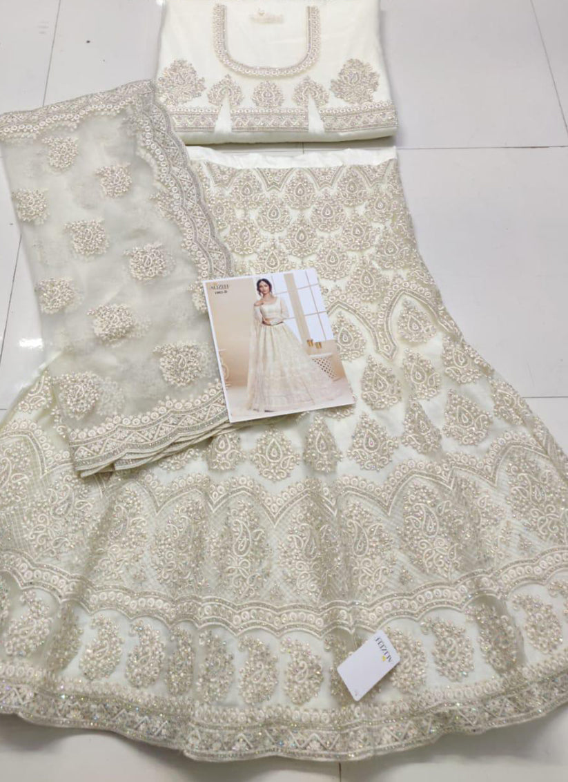 Off White Net Embroidered Bridal Lehenga Choli