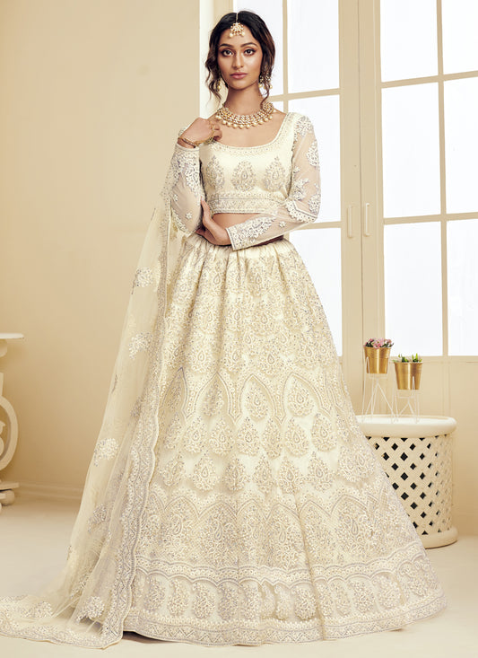 Off White Net Embroidered Bridal Lehenga Choli