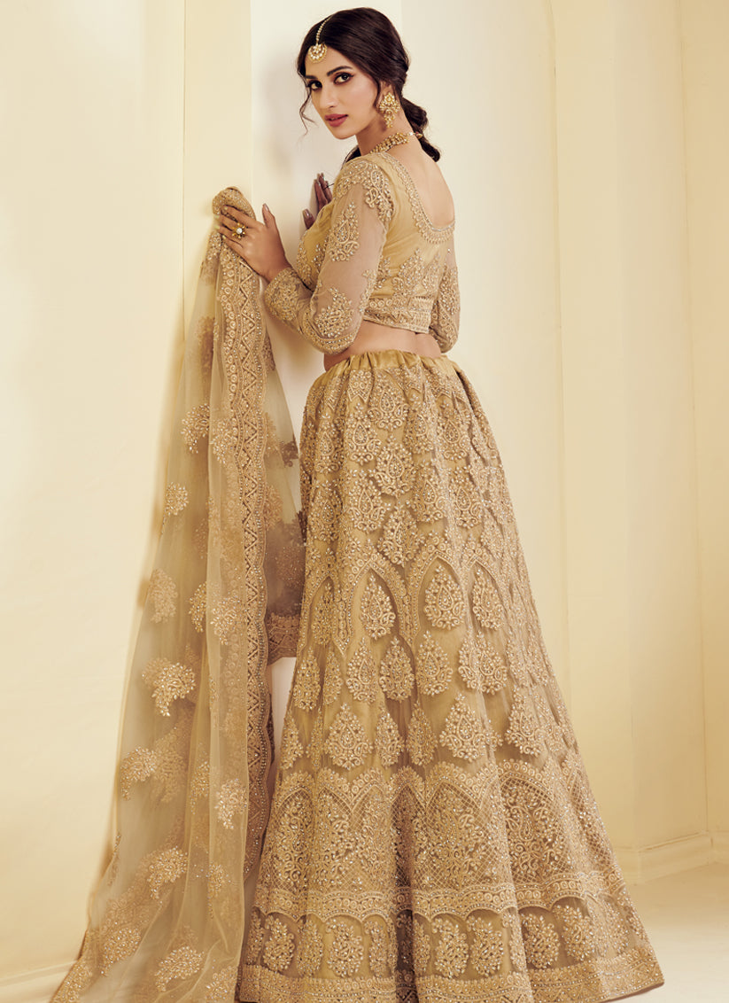 Golden Net Embroidered Bridal Lehenga Choli
