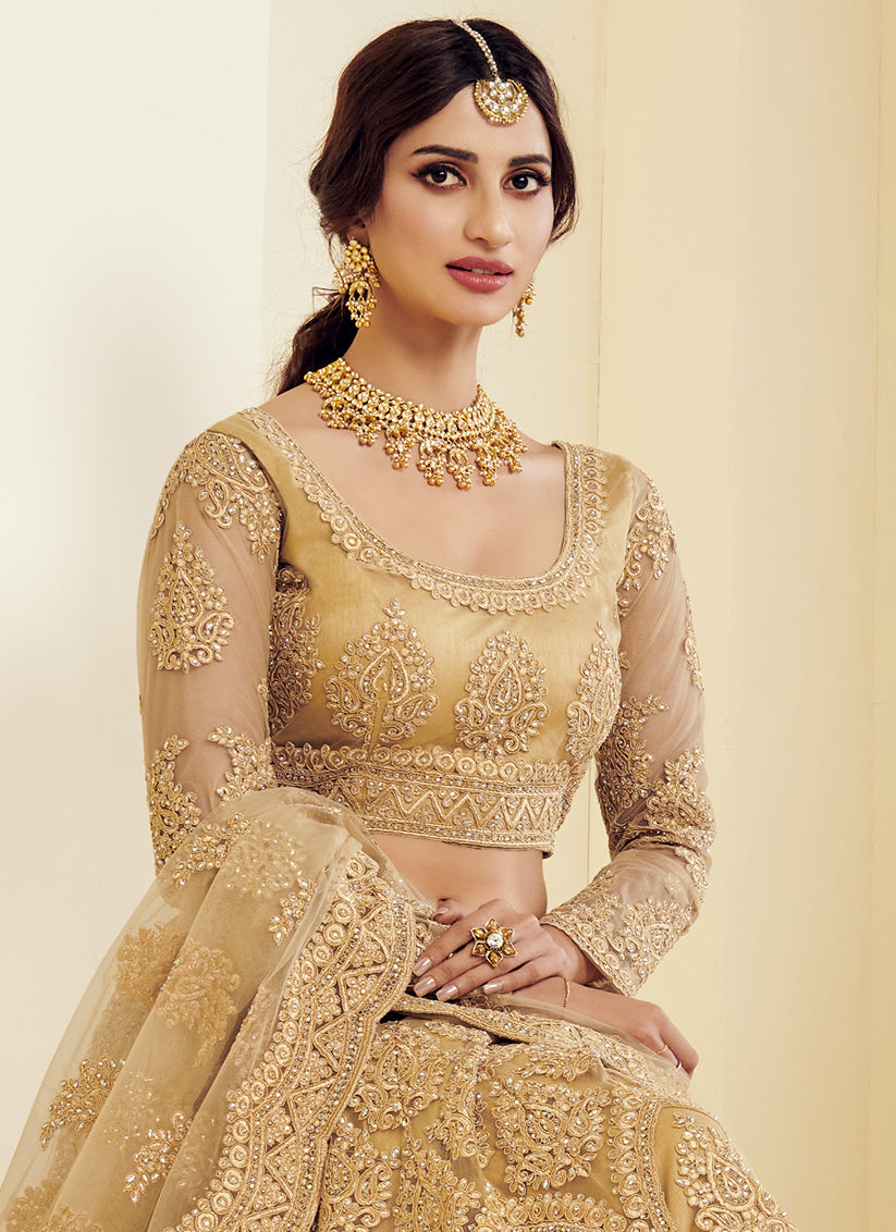 Golden Net Embroidered Bridal Lehenga Choli