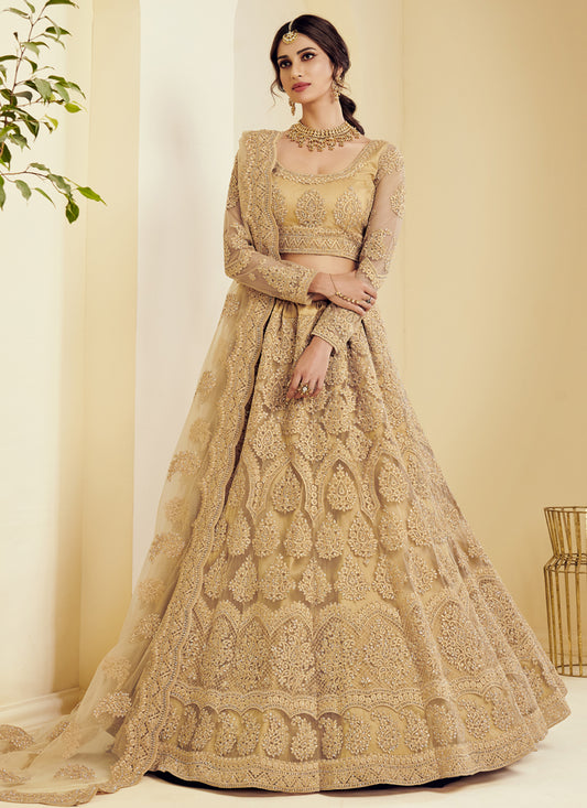 Golden Net Embroidered Bridal Lehenga Choli