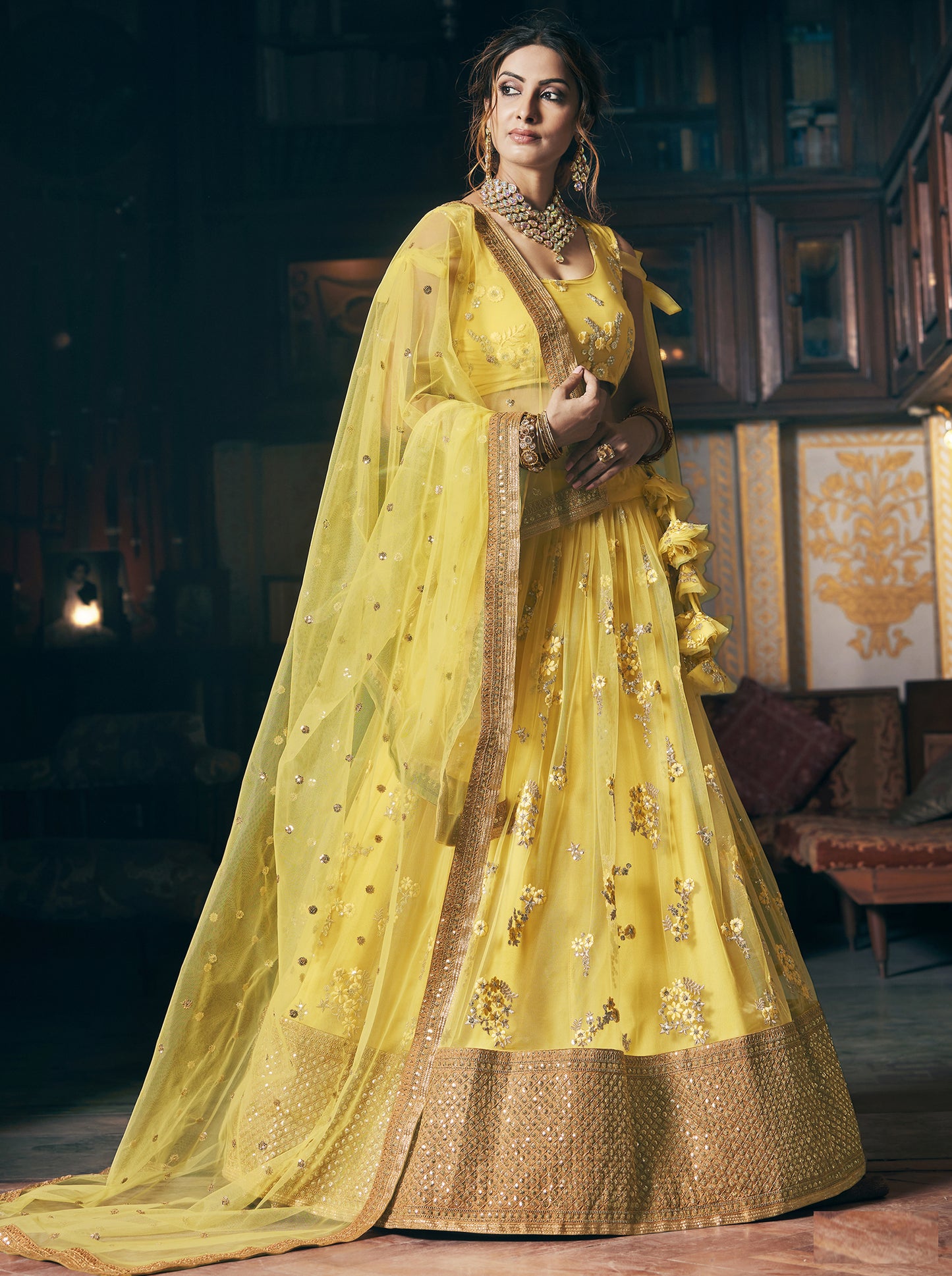 Lemon Yellow Net Embroidered Designer Lehenga Choli