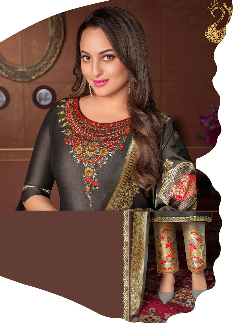 Sonakshi Sinha Grey Bemberg Silk Embroidered Ready Made Pant Kameez Set