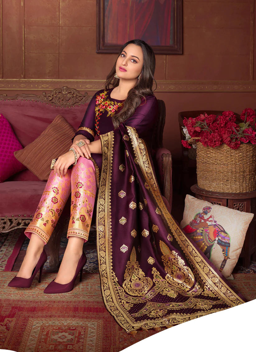 Sonakshi Sinha Wine Bemberg Silk Embroidered Ready Made Pant Kameez Set