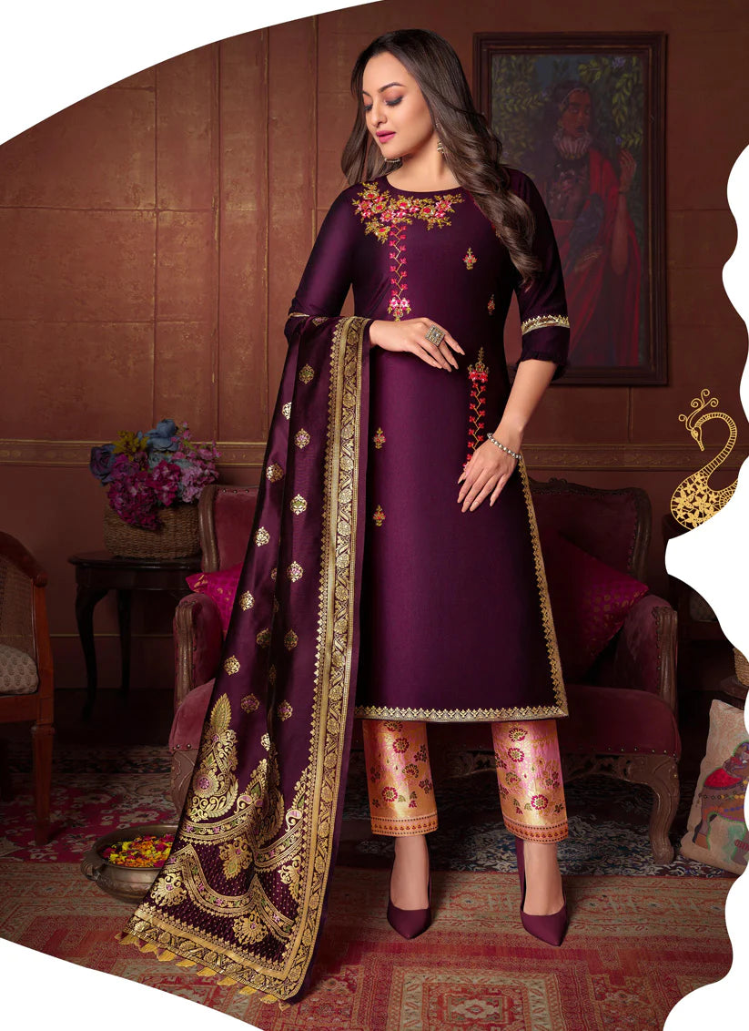 Sonakshi Sinha Wine Bemberg Silk Embroidered Ready Made Pant Kameez Set