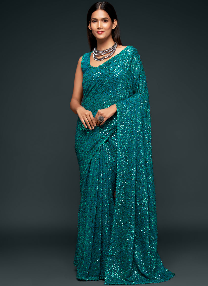Teal Blue Georgette Thread and Sequins Embroidery Saree
