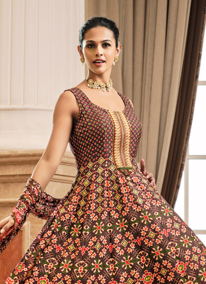 Oak Brown Silk Patola Printed Ready Made Anarkali Suit