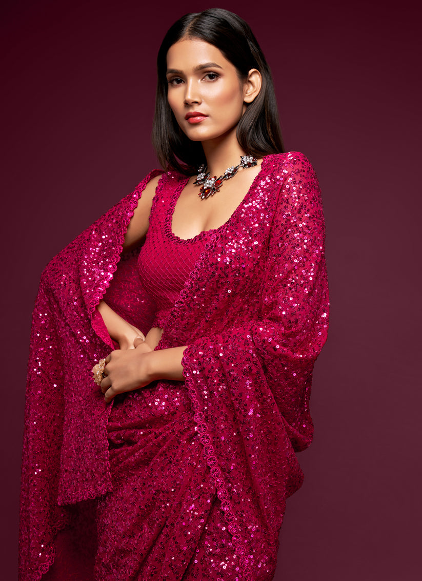 Hot Pink Georgette Thread and Sequins Embroidery Saree
