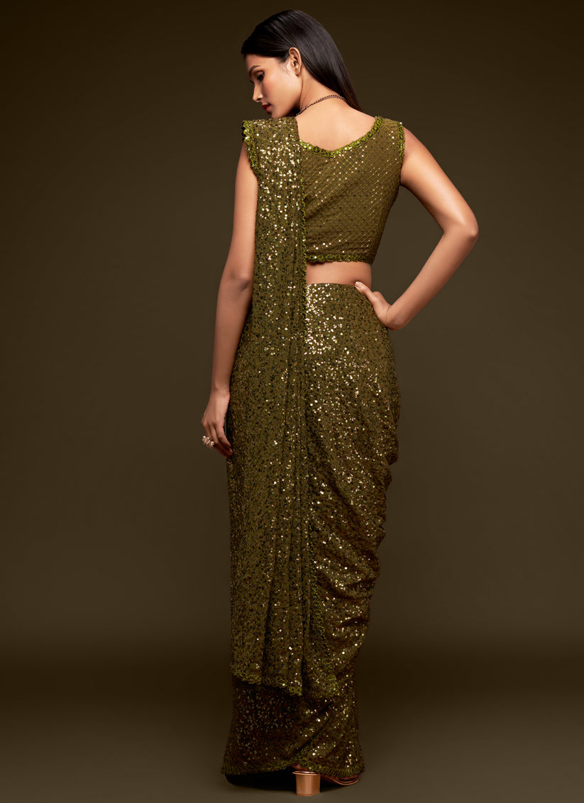 Olive Green Georgette Thread and Sequins Embroidery Saree