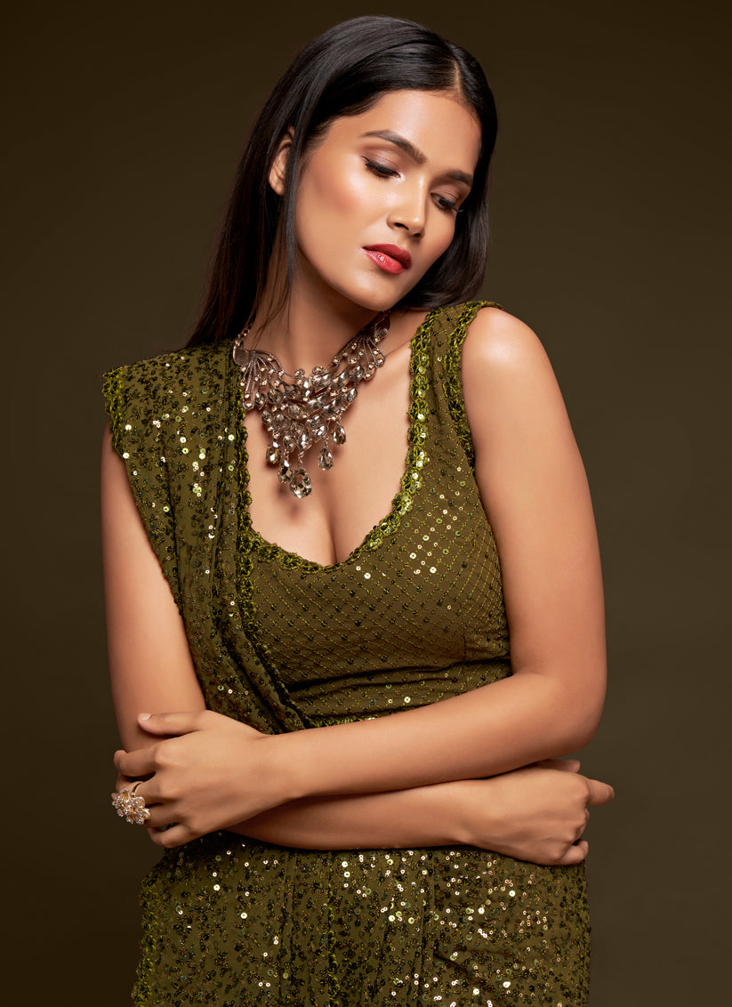 Olive Green Georgette Thread and Sequins Embroidery Saree