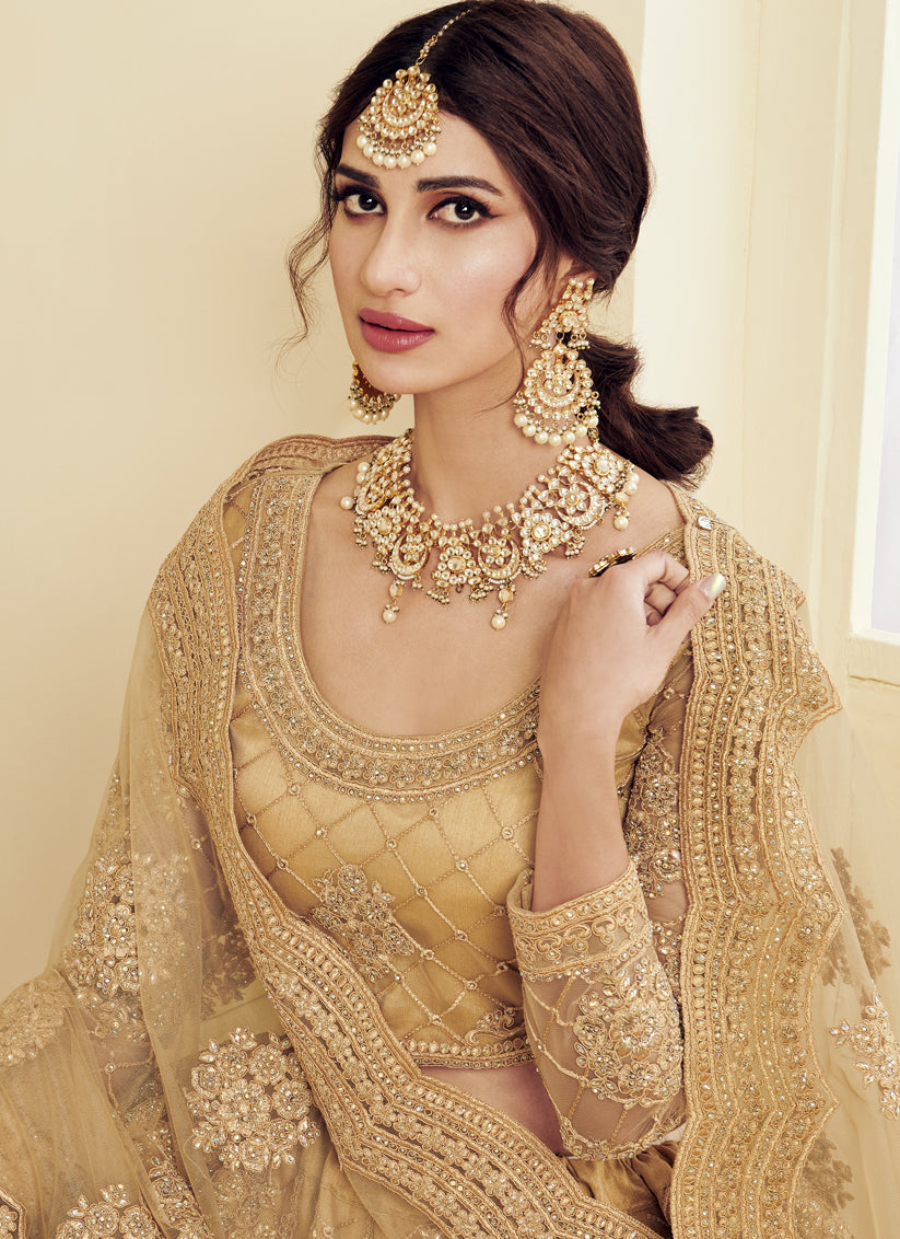 Golden Net Embroidered Bridal Lehenga Choli