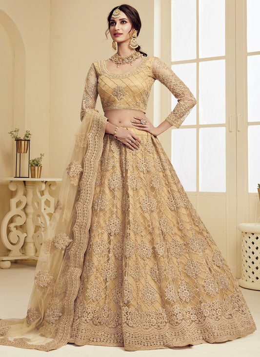 Golden Net Embroidered Bridal Lehenga Choli
