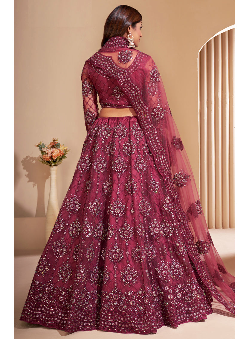 Mauve Pink Net Embroidered Bridal Lehenga Choli