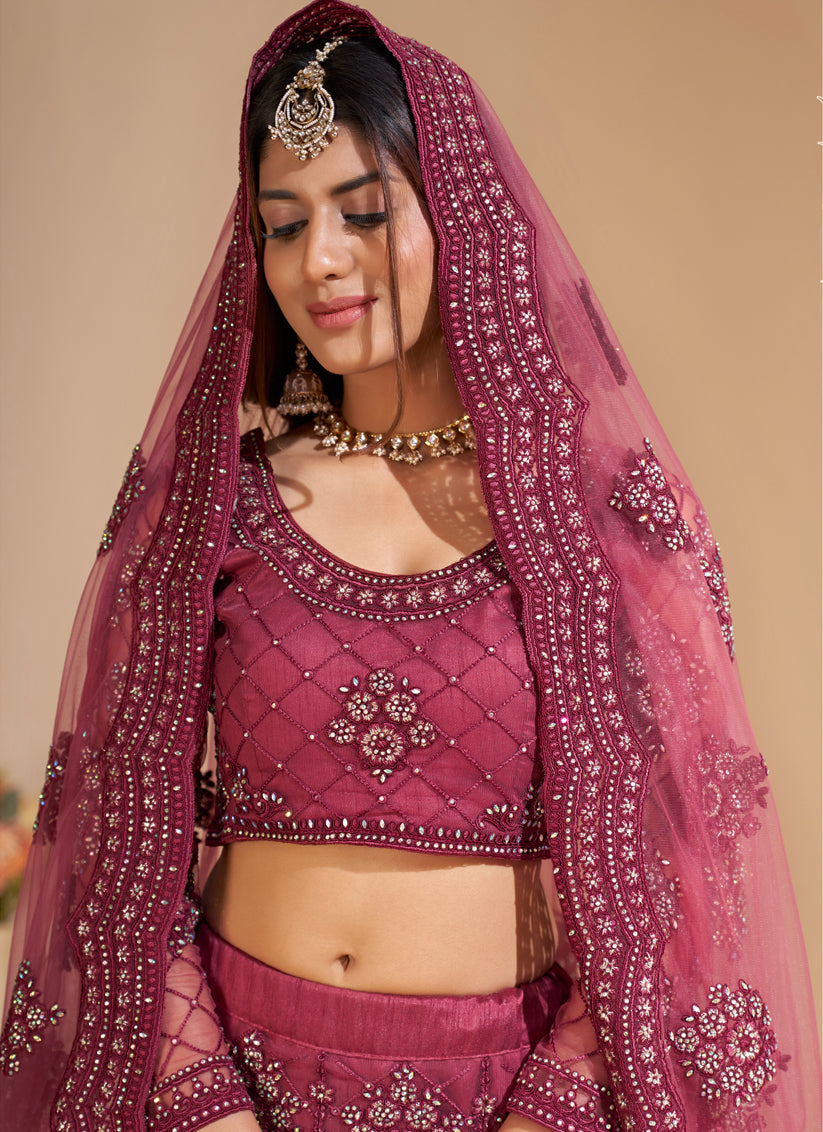 Mauve Pink Net Embroidered Bridal Lehenga Choli
