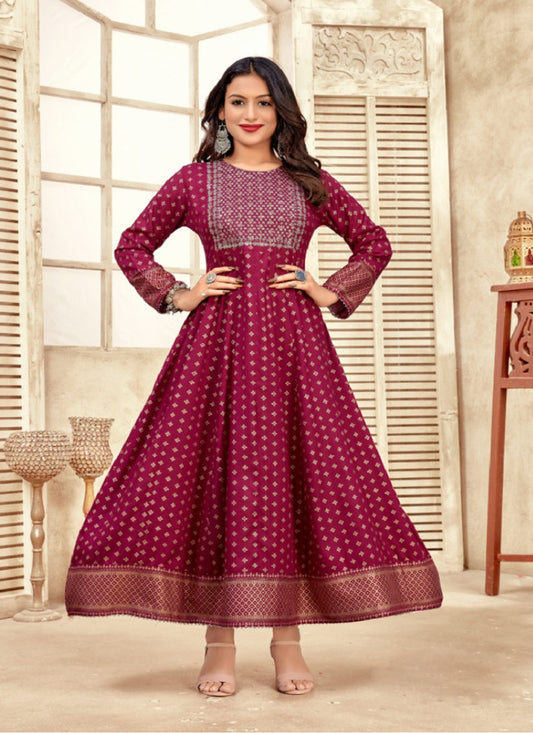 Plum Rayon Printed Ready Made Anarkali Style Kurti
