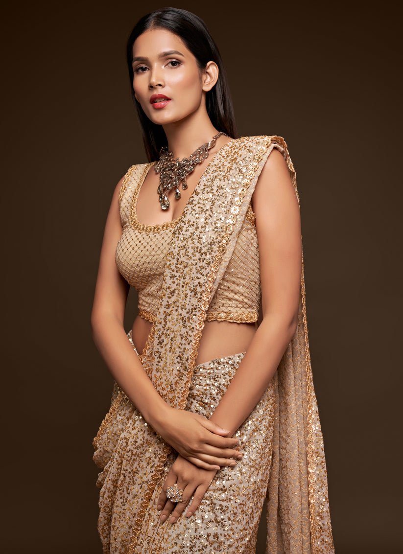 Ivory Georgette Thread and Sequins Embroidery Saree