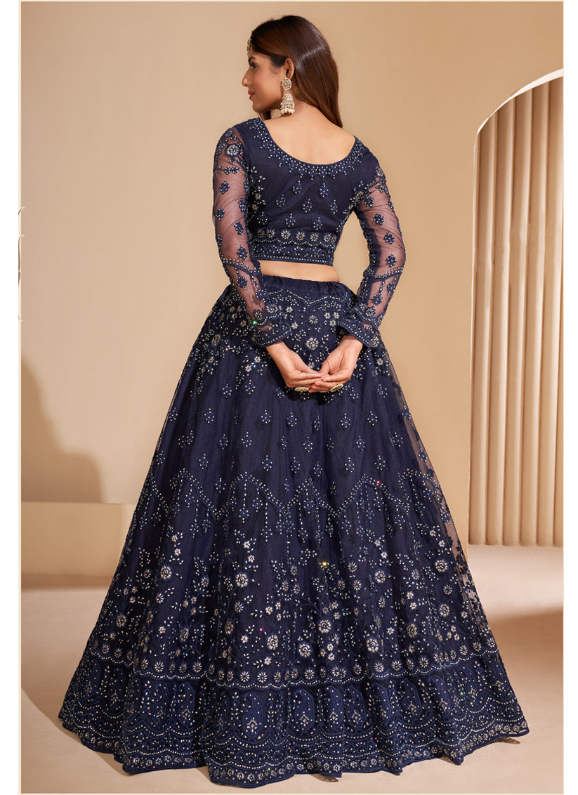 Navy Blue Net Embroidered Bridal Lehenga Choli