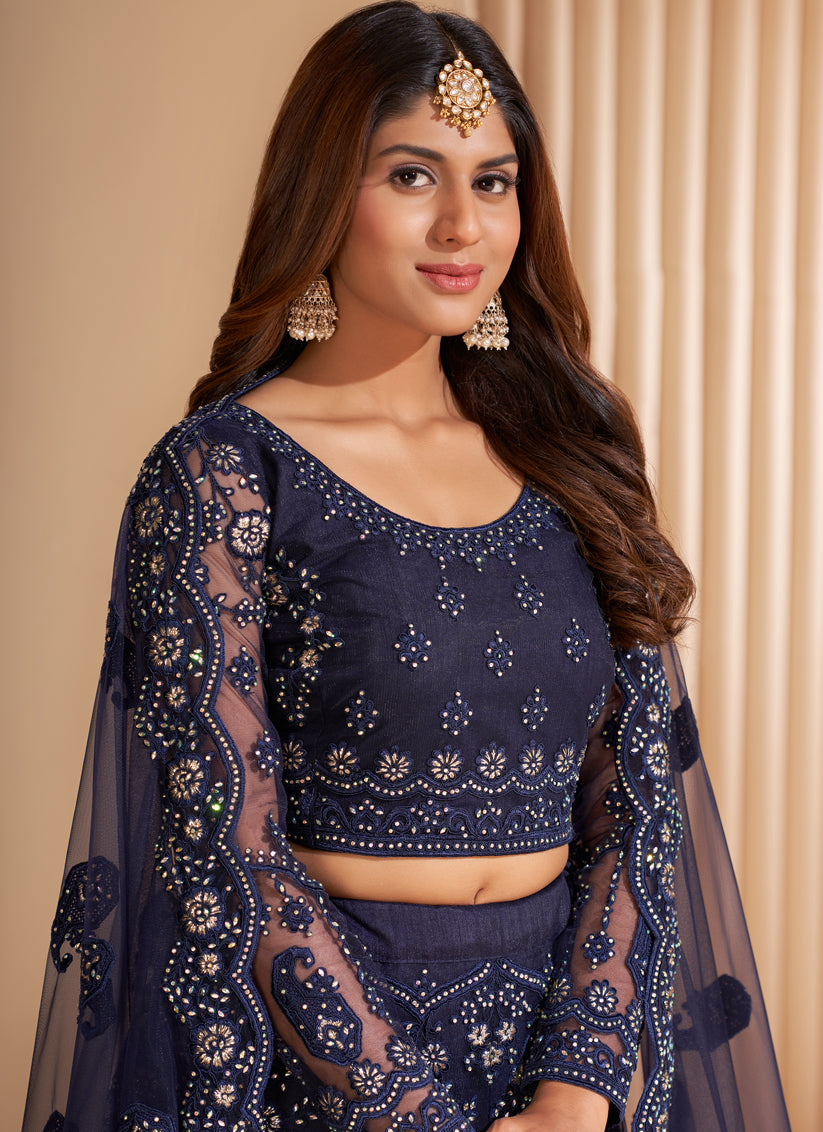 Navy Blue Net Embroidered Bridal Lehenga Choli