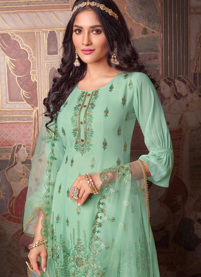 Aquamarine Georgette Sequence Ready Made Sarara Kameez