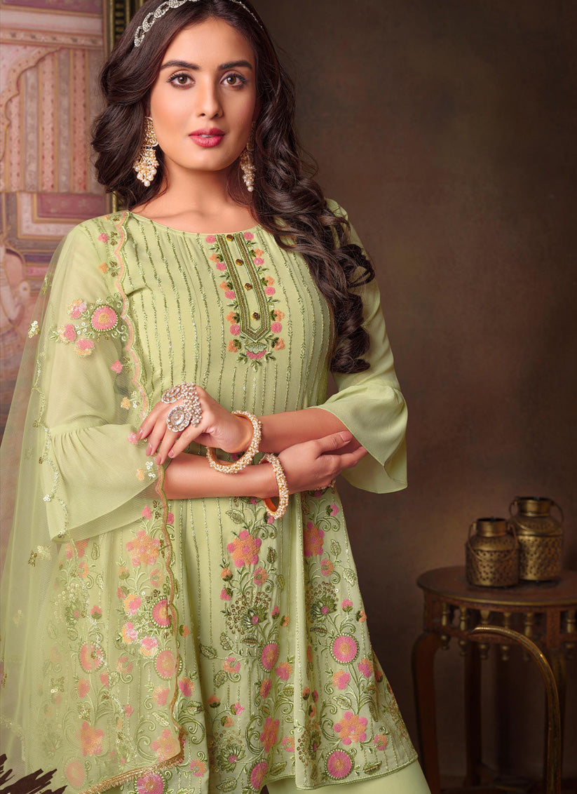 Pastel Green Georgette Sequence Ready Made Sarara Kameez
