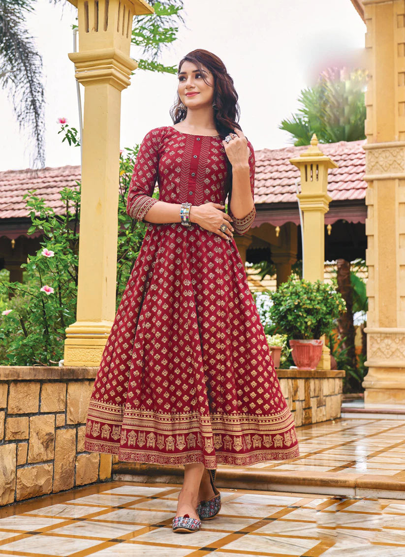 Maroon Rayon Embroidered Ready Made Anarkali Style Kurti
