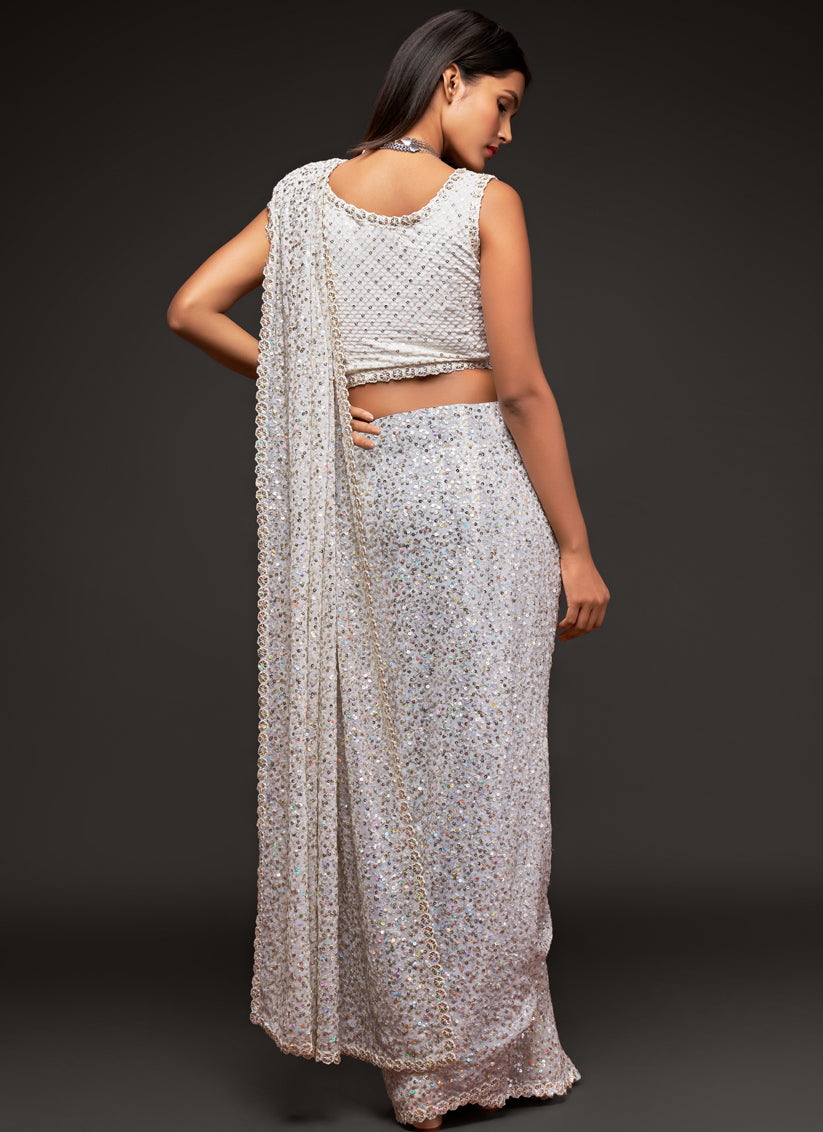 Pearl White Georgette Thread and Sequins Embroidery Saree