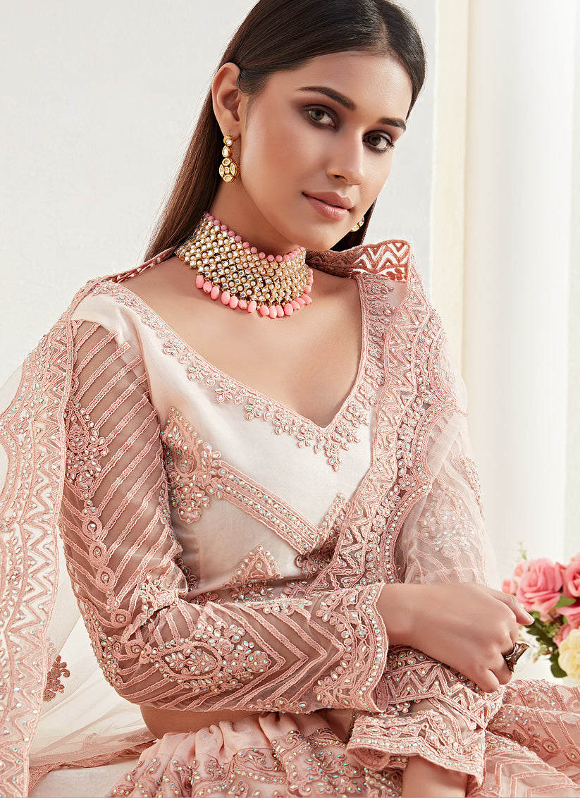 Blush Pink Net Embroidered Bridal Lehenga Choli