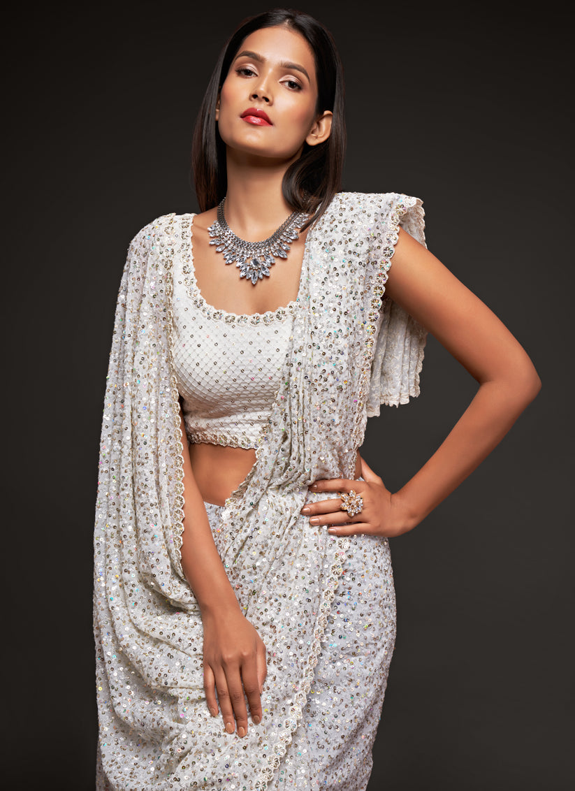 Pearl White Georgette Thread and Sequins Embroidery Saree