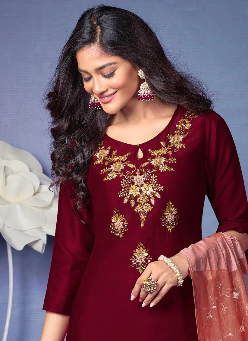 Maroon Bemberg Silk Handwork Ready Made Pant Kameez Set
