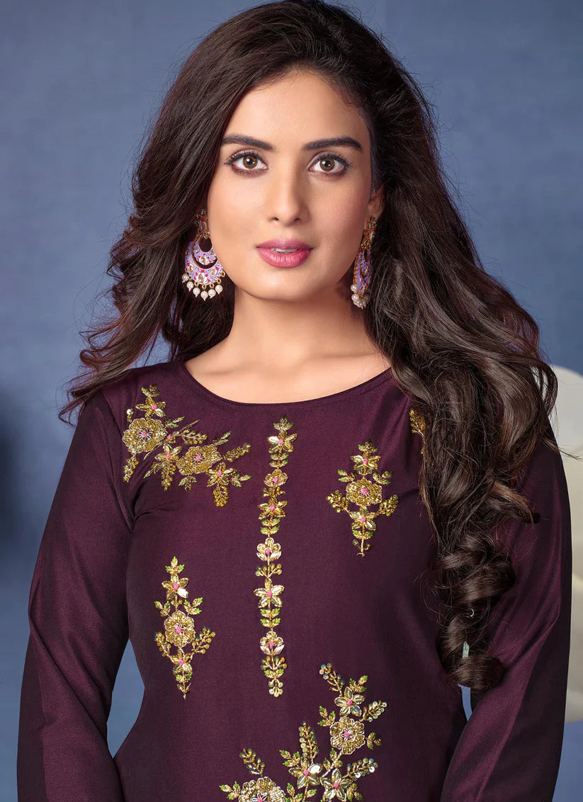 Wine Bemberg Silk Handwork Ready Made Pant Kameez Set
