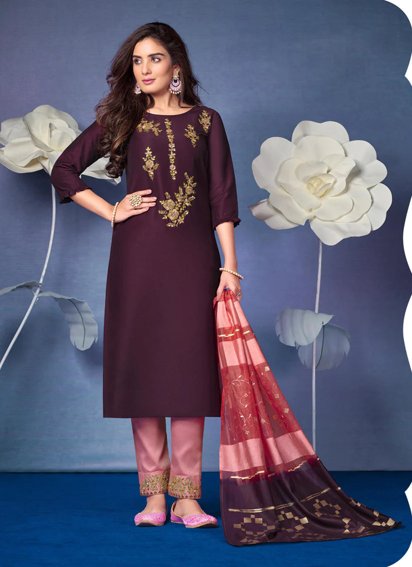 Wine Bemberg Silk Handwork Ready Made Pant Kameez Set