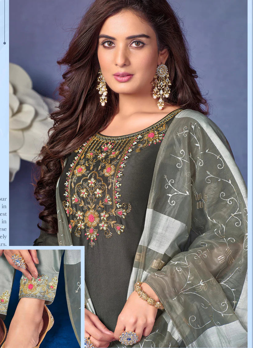 Grey Bemberg Silk Handwork Ready Made Pant Kameez Set