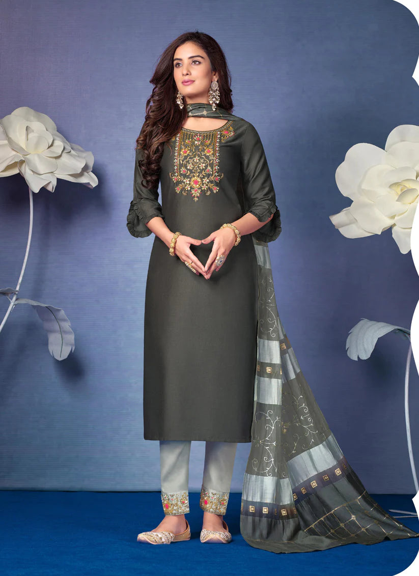 Grey Bemberg Silk Handwork Ready Made Pant Kameez Set