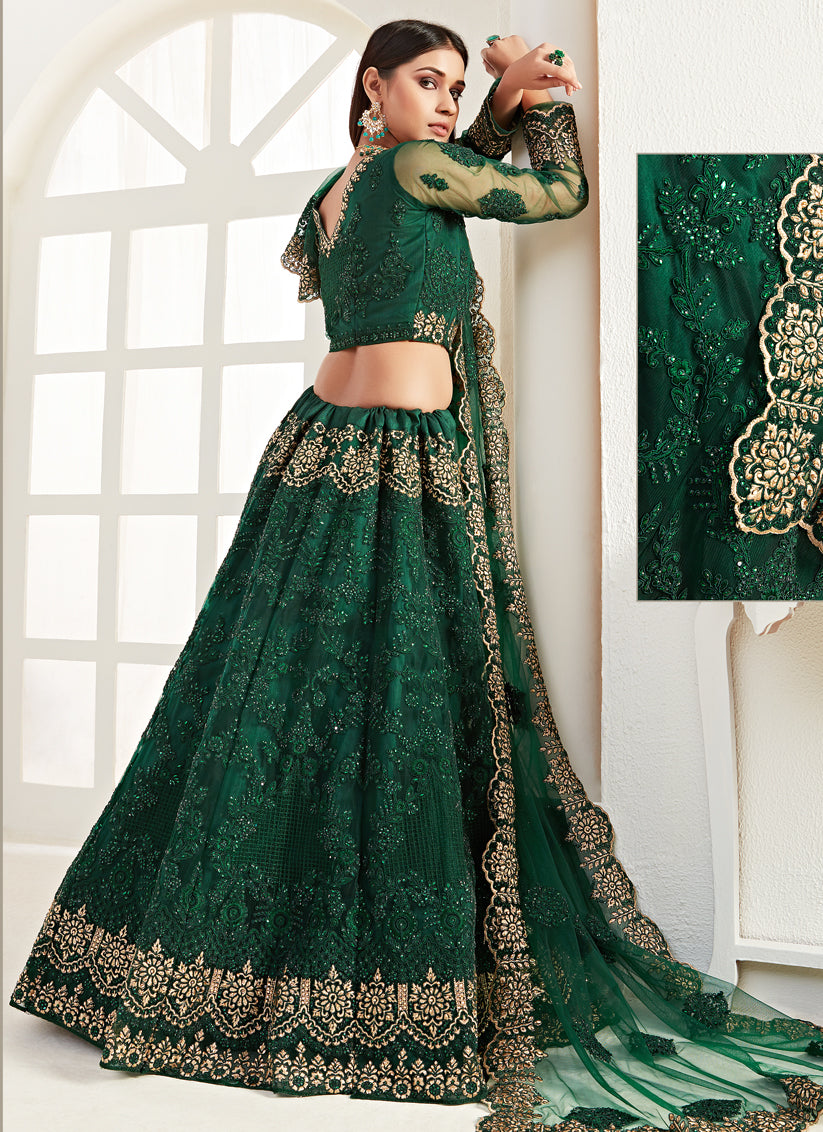 Bottle Green Net Embroidered Bridal Lehenga Choli