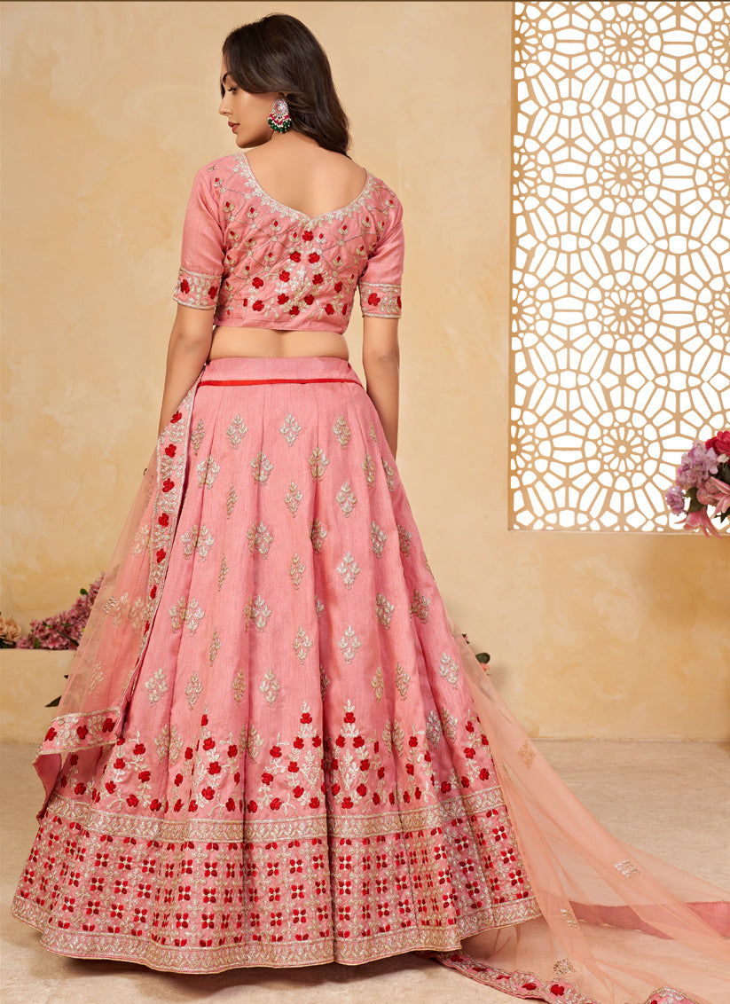 Carnation Pink Silk Embroidered Lehenga Choli