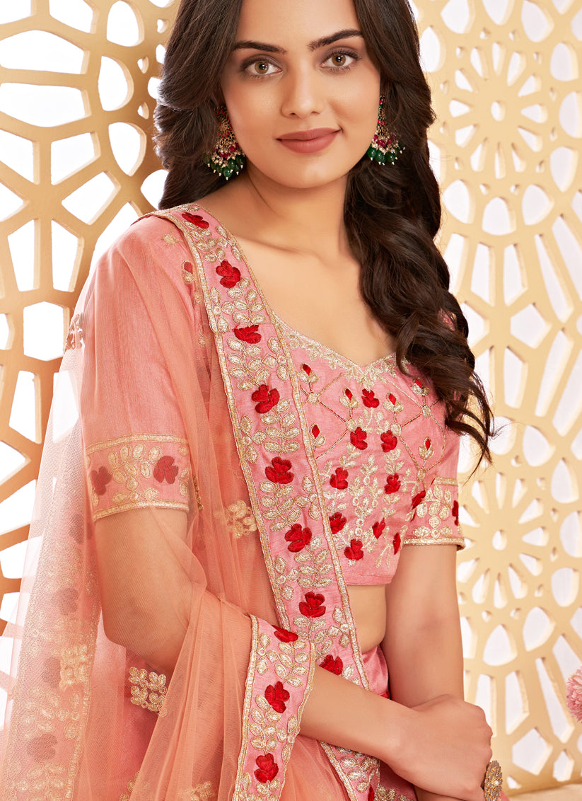 Carnation Pink Silk Embroidered Lehenga Choli