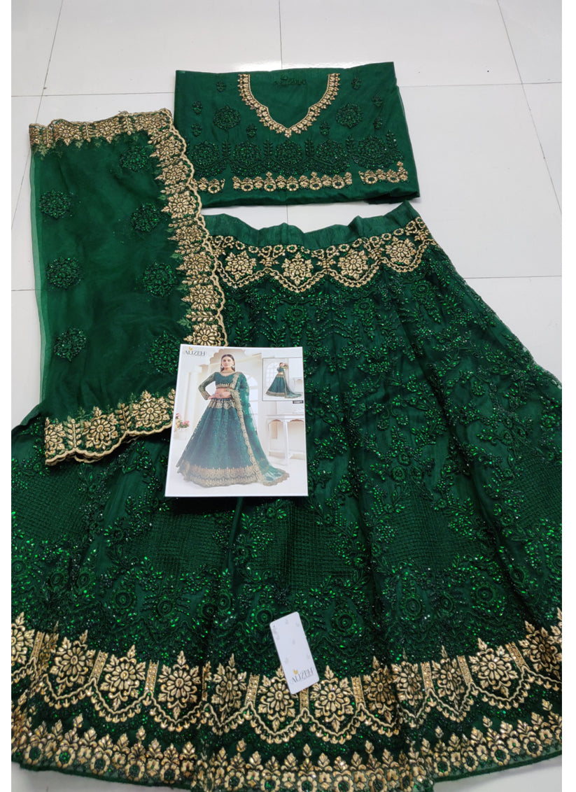 Bottle Green Net Embroidered Bridal Lehenga Choli