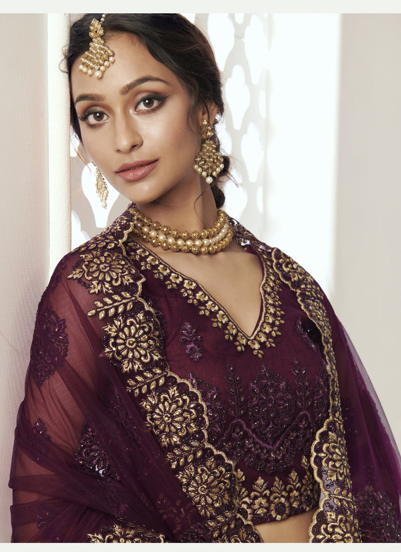 Burgundy Net Embroidered Bridal Lehenga Choli