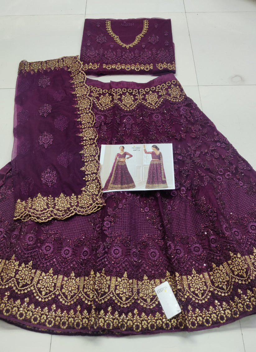 Burgundy Net Embroidered Bridal Lehenga Choli