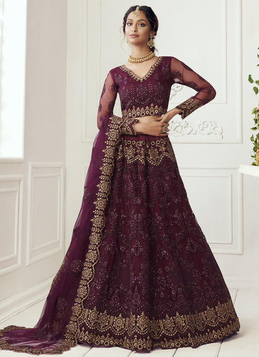 Burgundy Net Embroidered Bridal Lehenga Choli