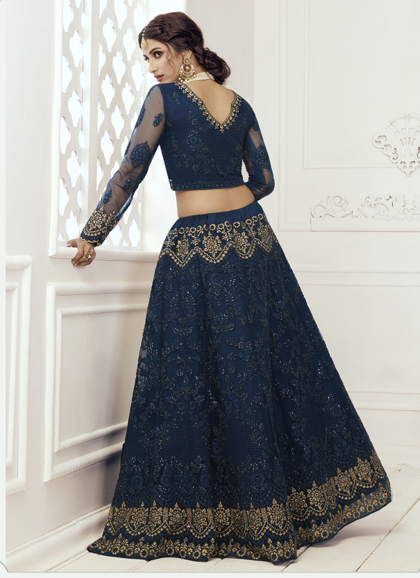 Blue Net Embroidered Bridal Lehenga Choli