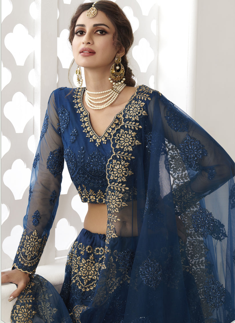 Blue Net Embroidered Bridal Lehenga Choli