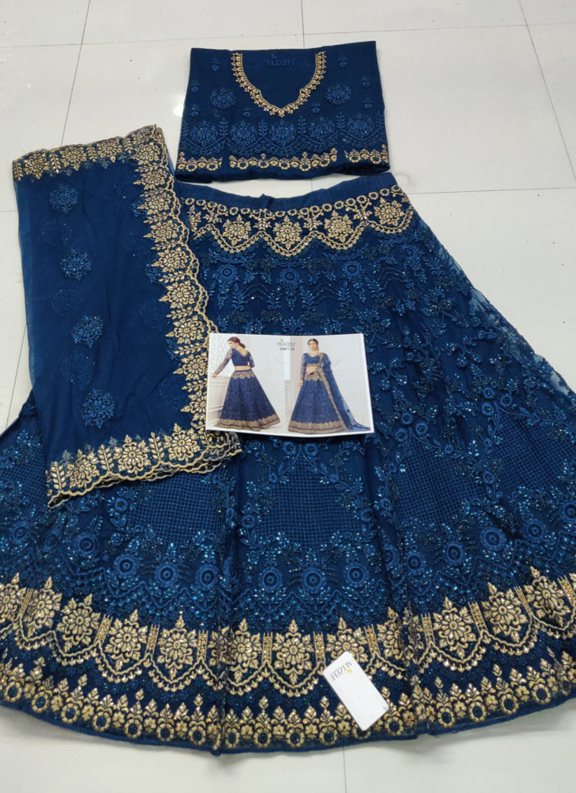 Blue Net Embroidered Bridal Lehenga Choli