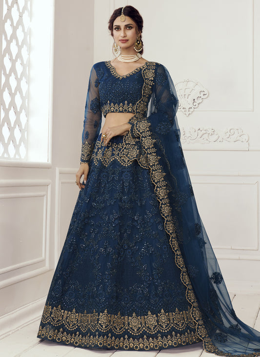 Blue Net Embroidered Bridal Lehenga Choli