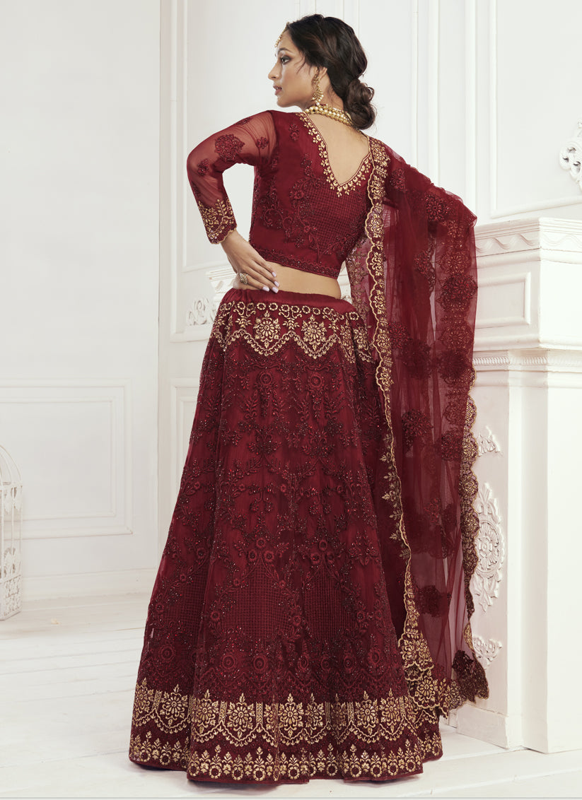 Maroon Net Embroidered Bridal Lehenga Choli