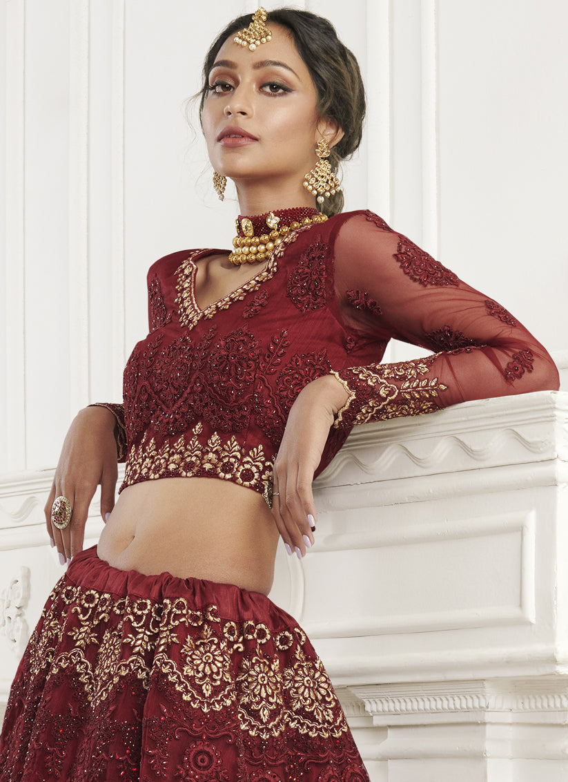 Maroon Net Embroidered Bridal Lehenga Choli