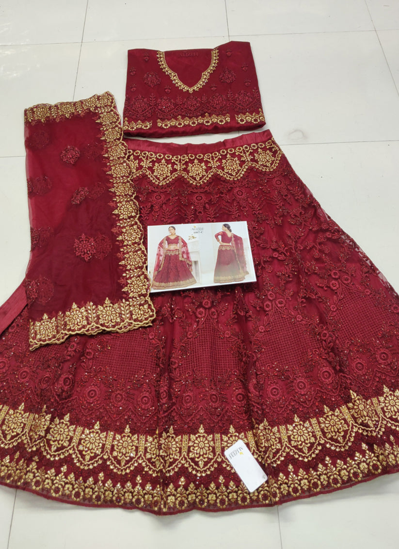 Maroon Net Embroidered Bridal Lehenga Choli