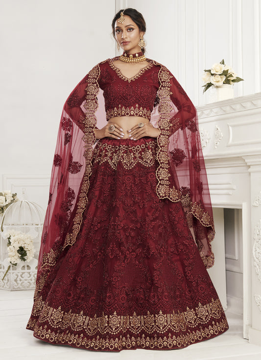 Maroon Net Embroidered Bridal Lehenga Choli