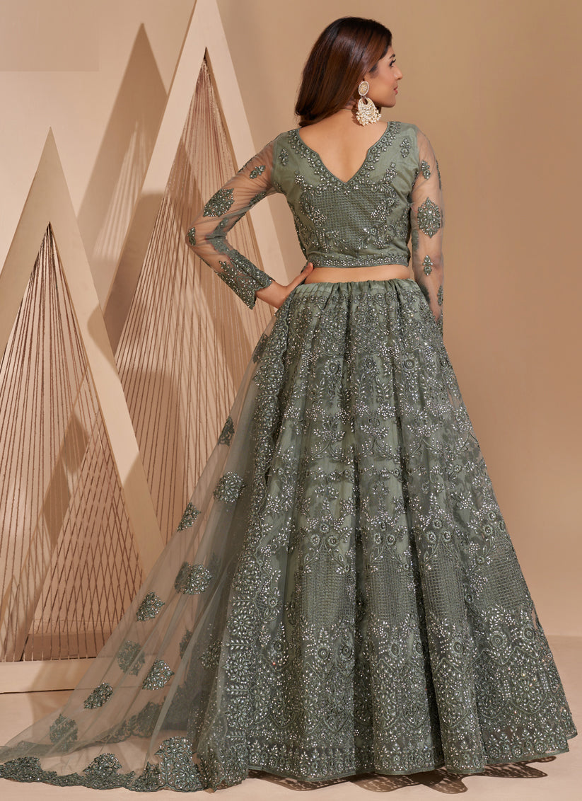 Grey Net Embroidered Bridal Lehenga Choli