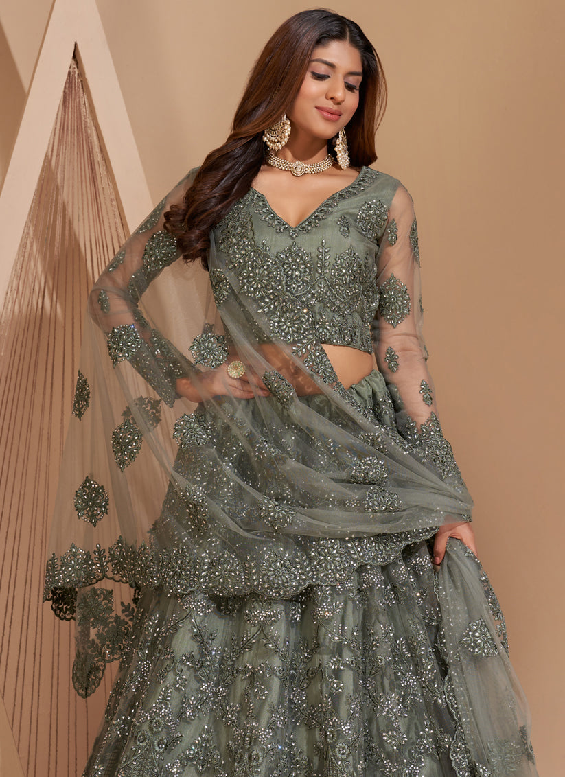 Grey Net Embroidered Bridal Lehenga Choli